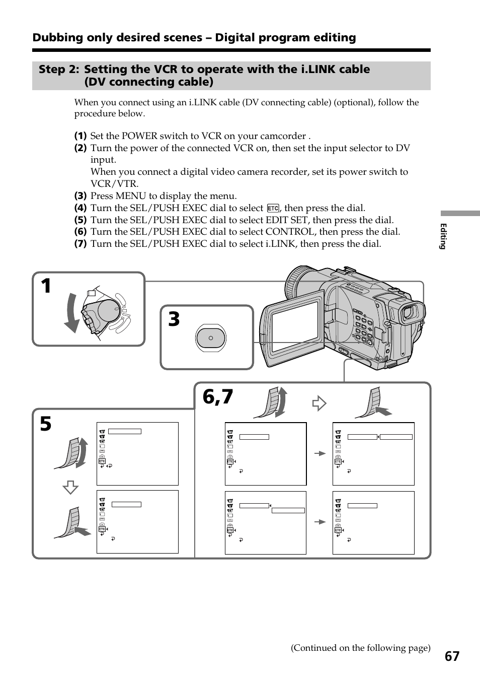 Menu, Continued on the following page) | Sony TRV828 User Manual | Page 67 / 168