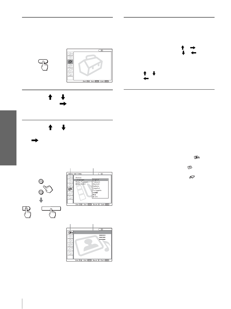 Press menu, Make the setting or adjustment on an item, Us ing the men u s | Sony Cineza VPL-HS2 User Manual | Page 24 / 132