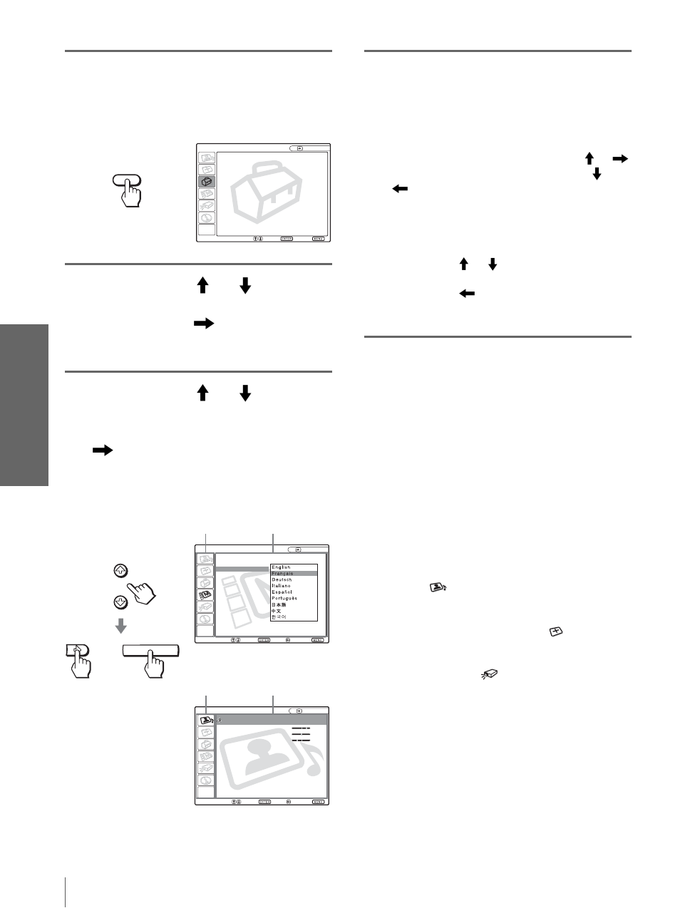 Tton, Appuyez sur menu, Uti lisati on des m e nus | Sony Cineza VPL-HS2 User Manual | Page 66 / 132