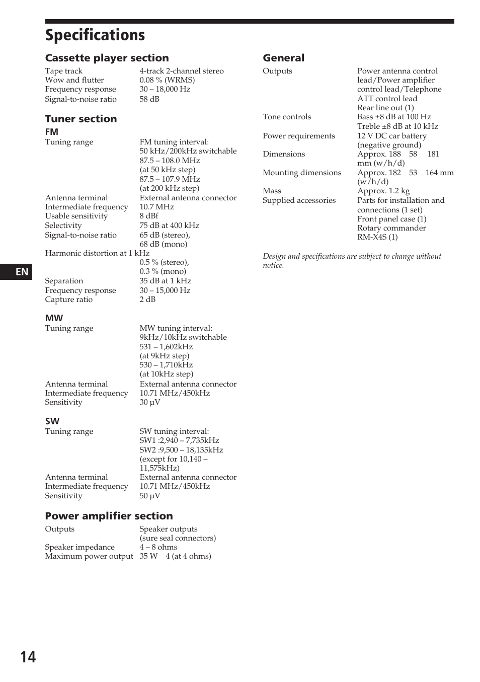 Specifications, General | Sony XR-7850 User Manual | Page 14 / 16