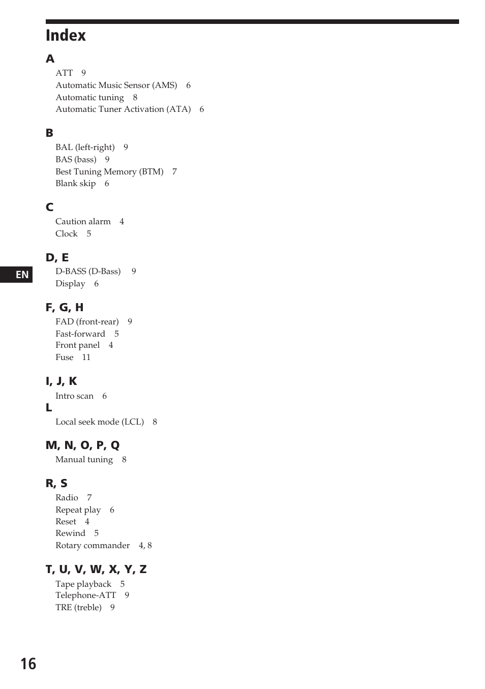 Index | Sony XR-7850 User Manual | Page 16 / 16