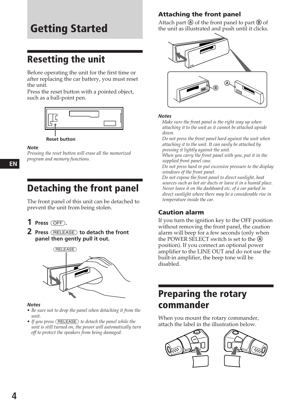 Getting started, Preparing the rotary commander, Resetting the unit | Detaching the front panel | Sony XR-7850 User Manual | Page 4 / 16