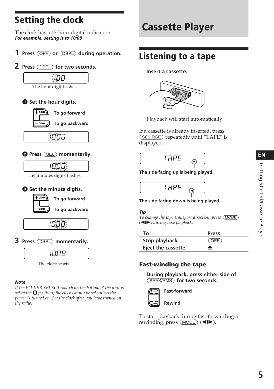 Cassette player, Setting the clock, Listening to a tape | Sony XR-7850 User Manual | Page 5 / 16