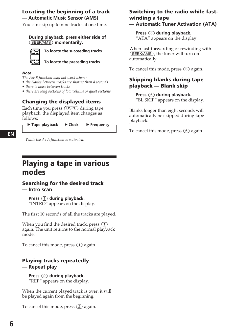 Playing a tape in various modes | Sony XR-7850 User Manual | Page 6 / 16