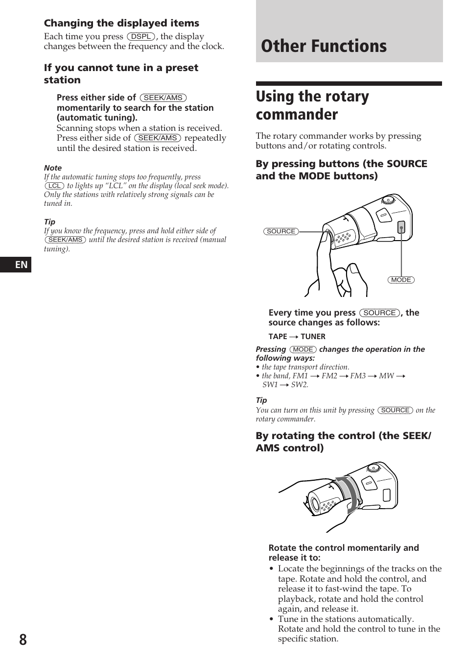 Other functions, Using the rotary commander | Sony XR-7850 User Manual | Page 8 / 16
