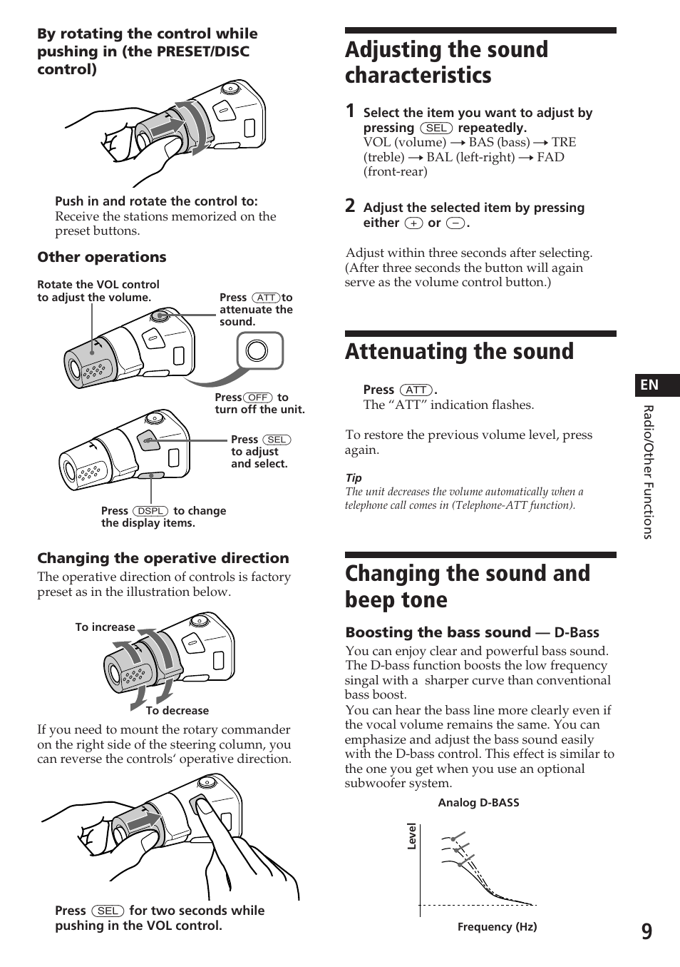 Adjusting the sound characteristics, Attenuating the sound, Changing the sound and beep tone | Sony XR-7850 User Manual | Page 9 / 16