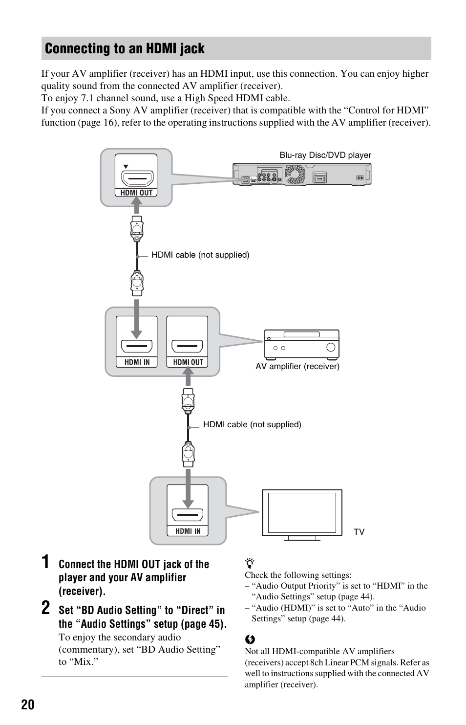 Connecting to an hdmi jack | Sony BDPS360 User Manual | Page 20 / 79