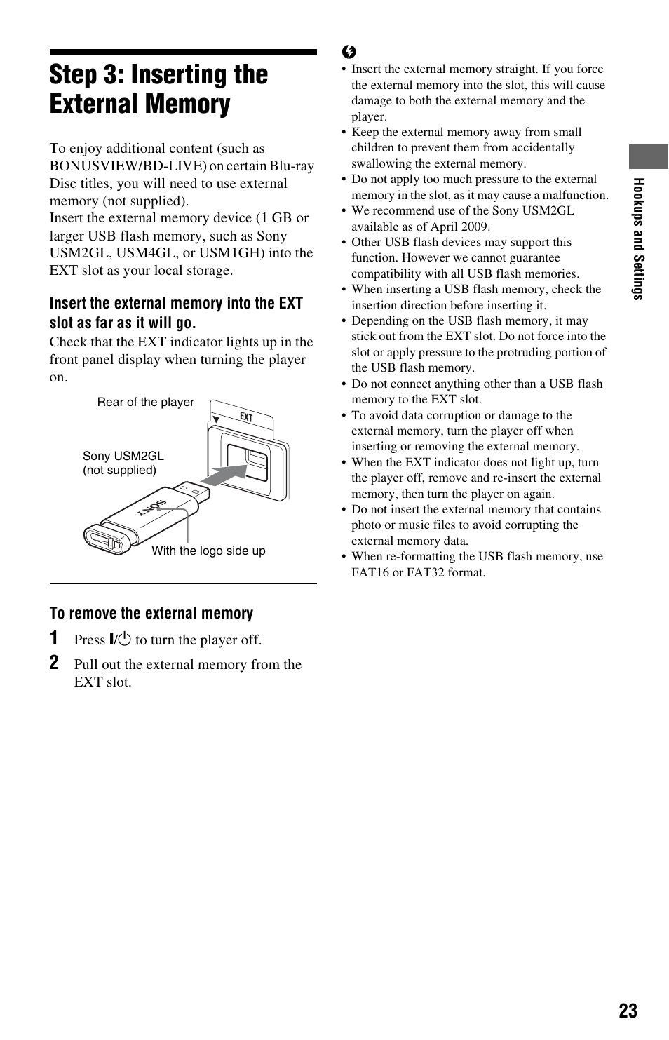 Step 3: inserting the external memory | Sony BDPS360 User Manual | Page 23 / 79