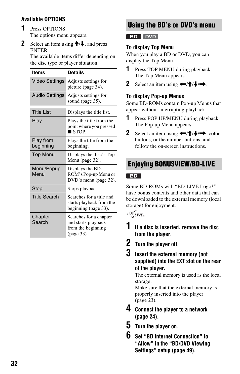 Using the bd’s or dvd’s menu, Enjoying bonusview/bd-live | Sony BDPS360 User Manual | Page 32 / 79