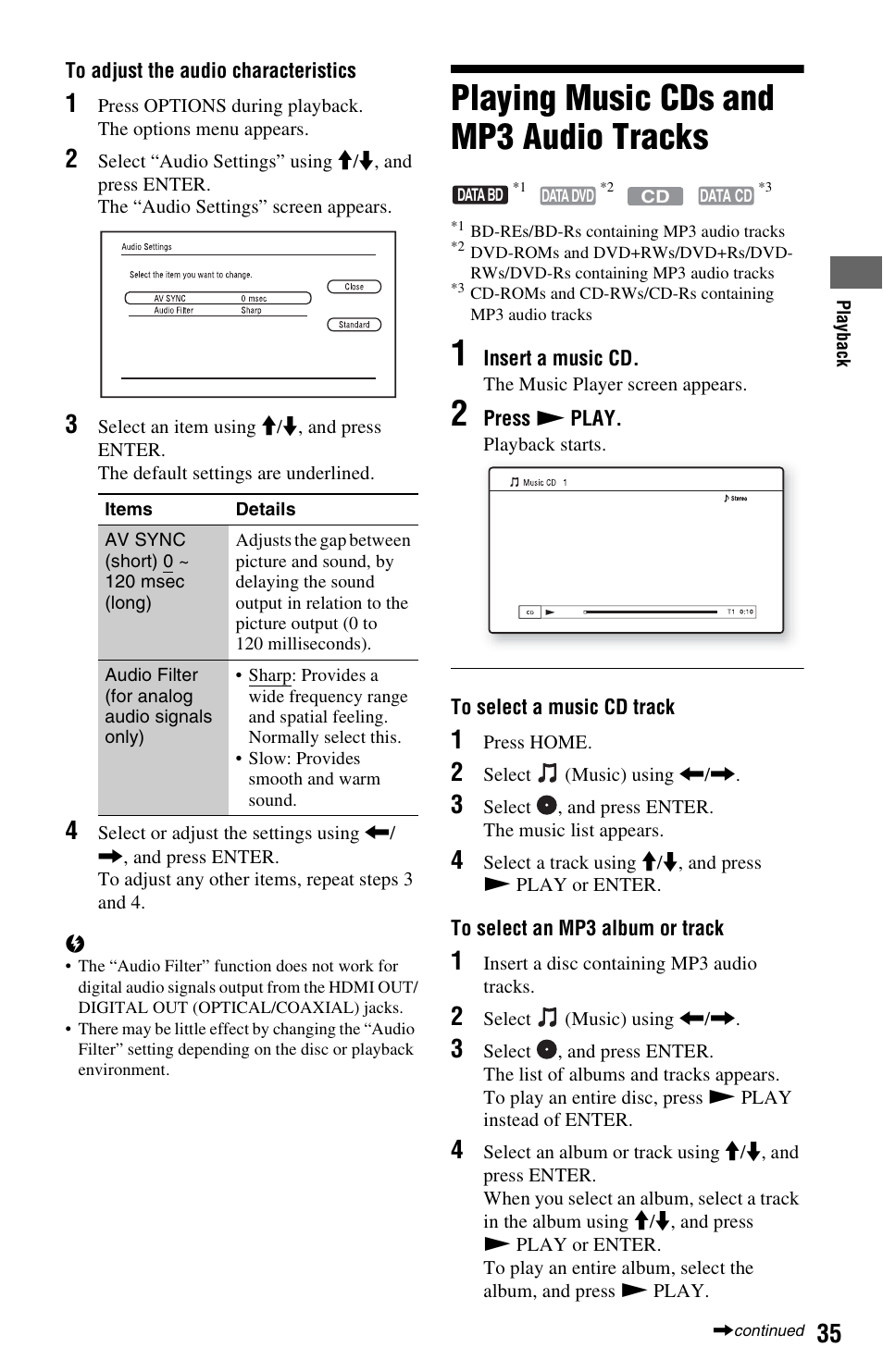 Playing music cds and mp3 audio tracks | Sony BDPS360 User Manual | Page 35 / 79