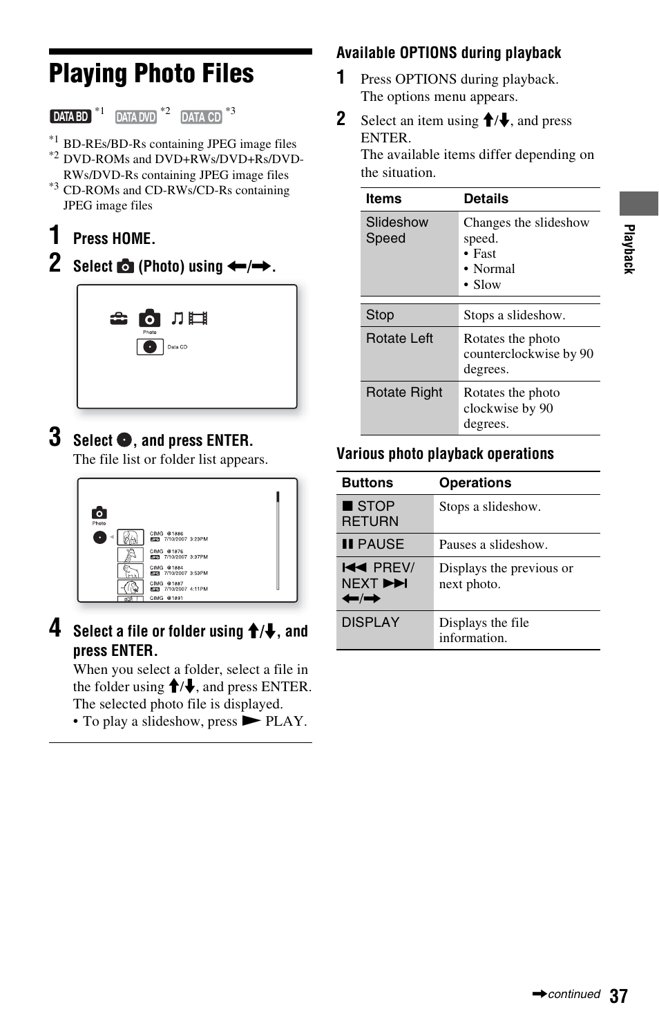 Playing photo files | Sony BDPS360 User Manual | Page 37 / 79