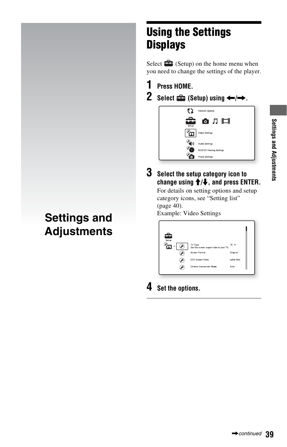 Settings and adjustments, Using the settings displays | Sony BDPS360 User Manual | Page 39 / 79