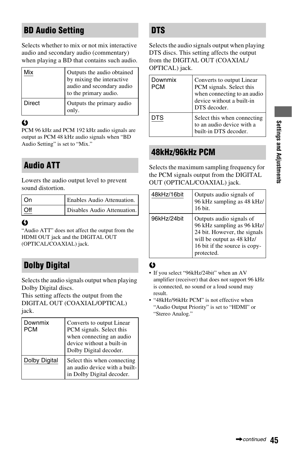 Bd audio setting, Audio att, Dolby digital | 48khz/96khz pcm | Sony BDPS360 User Manual | Page 45 / 79