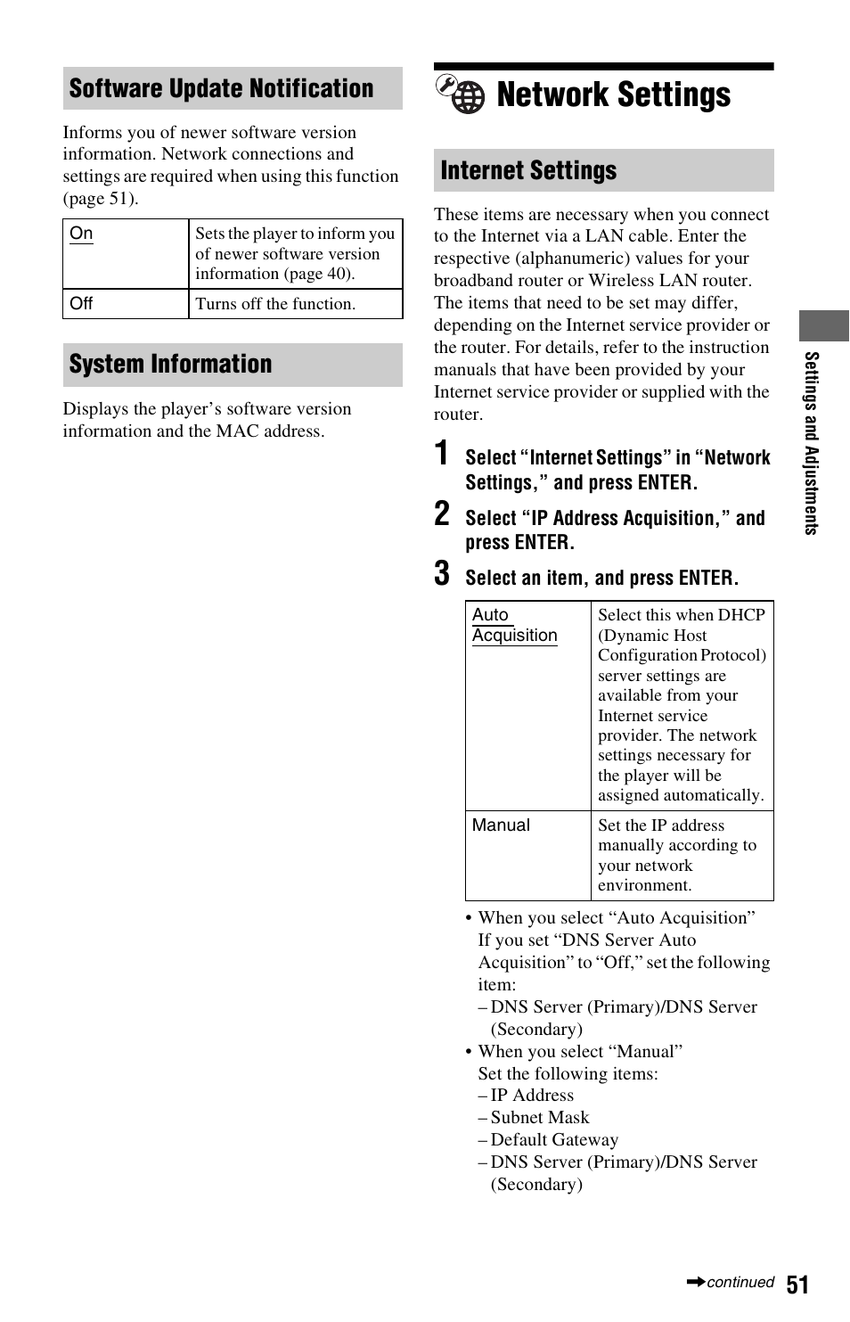 Network settings, Software update notification, System information internet settings | Sony BDPS360 User Manual | Page 51 / 79