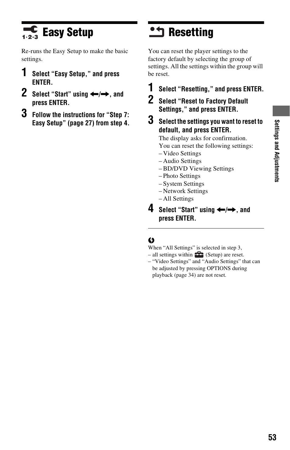 Easy setup, Resetting, Easy setup resetting | Sony BDPS360 User Manual | Page 53 / 79
