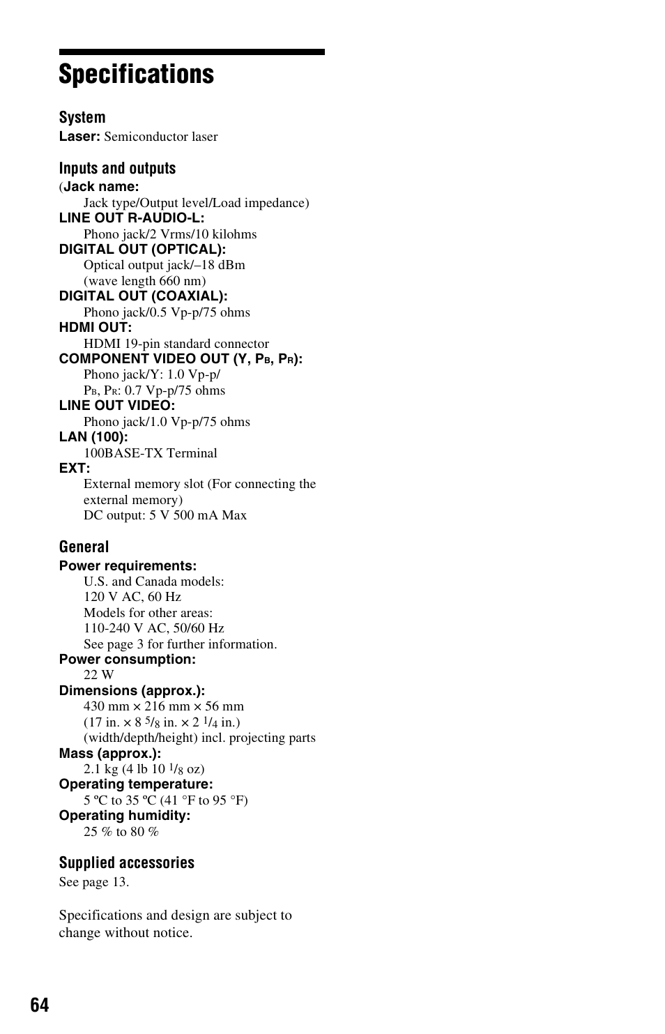 Specifications | Sony BDPS360 User Manual | Page 64 / 79