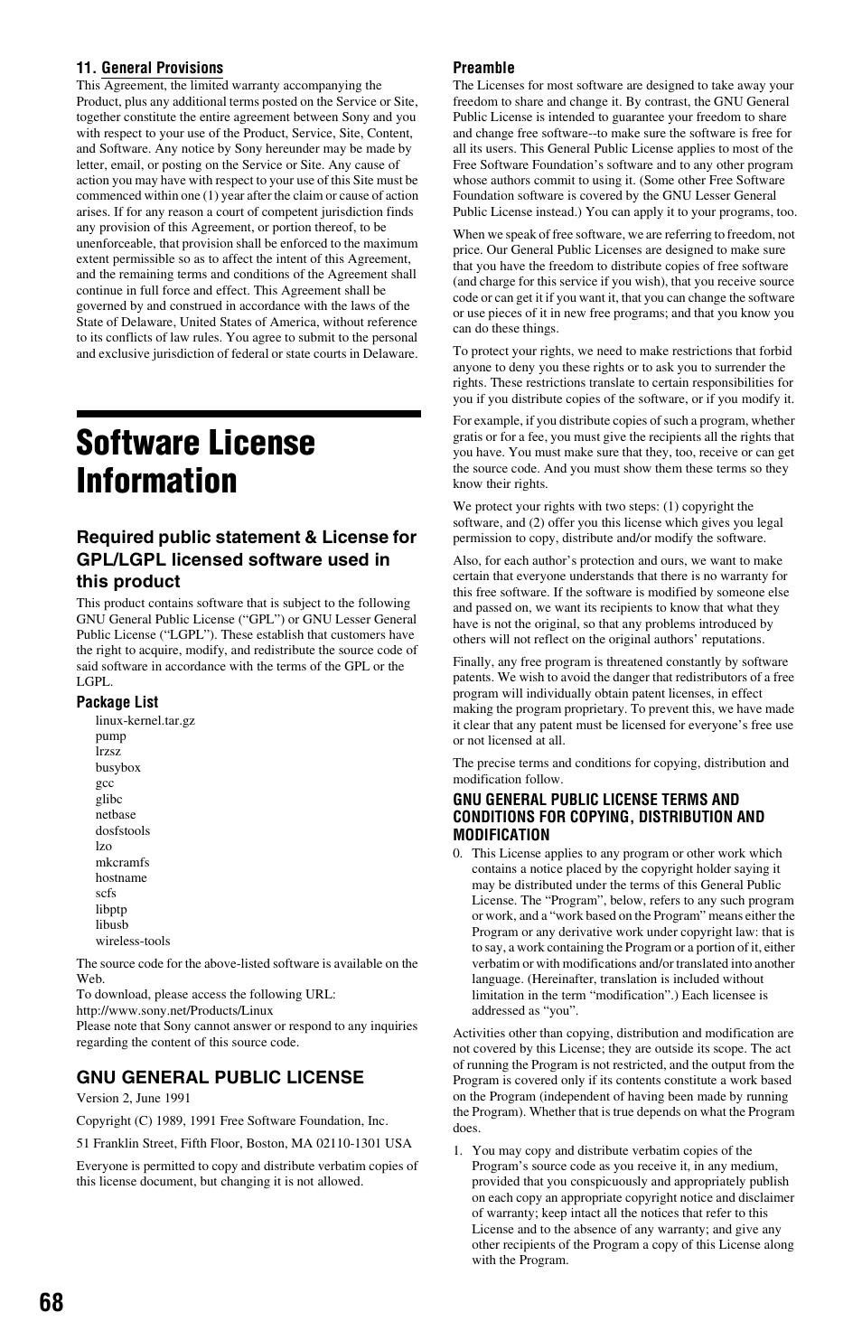 Software license information | Sony BDPS360 User Manual | Page 68 / 79