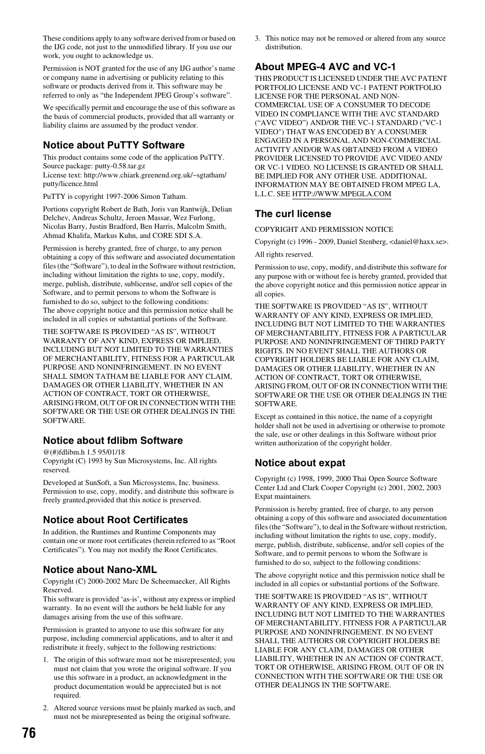 Notice about putty software, Notice about fdlibm software, Notice about root certificates | Notice about nano-xml, About mpeg-4 avc and vc-1, The curl license, Notice about expat | Sony BDPS360 User Manual | Page 76 / 79