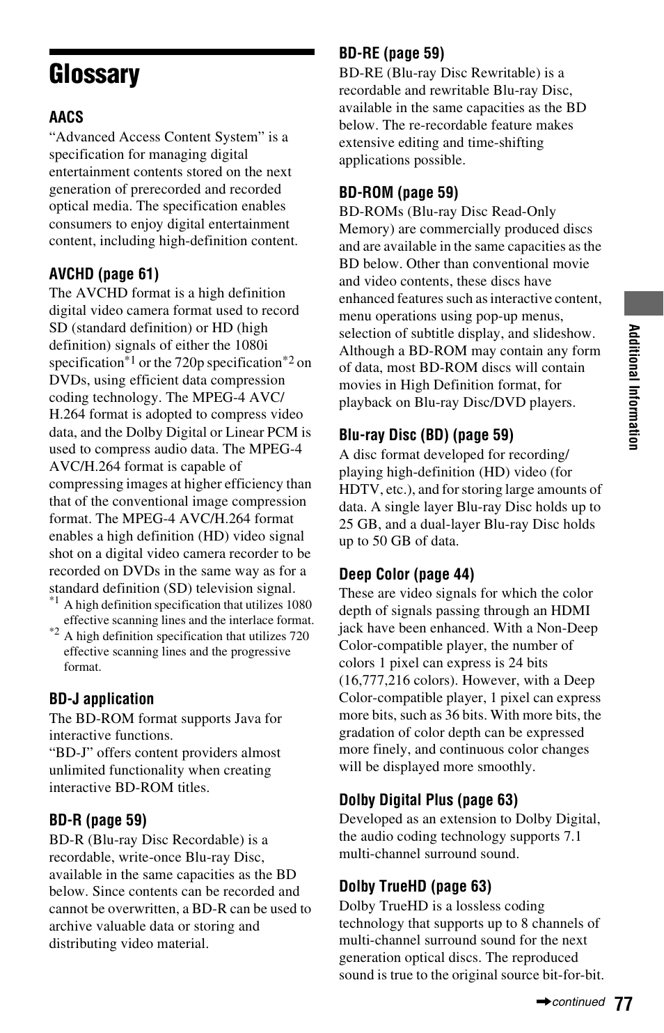 Glossary | Sony BDPS360 User Manual | Page 77 / 79