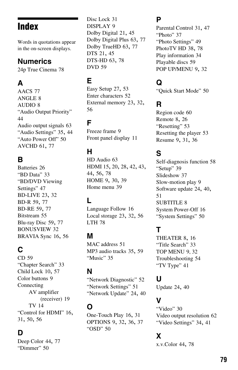 Index, Numerics | Sony BDPS360 User Manual | Page 79 / 79