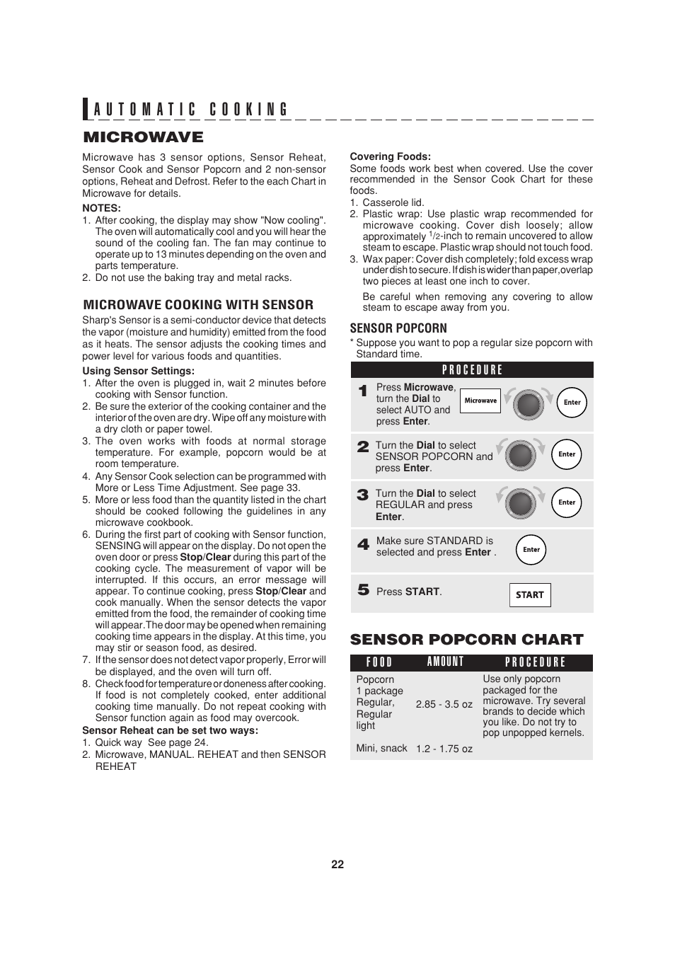 Microwave, Sensor popcorn chart | Sony AX-1200 User Manual | Page 24 / 43