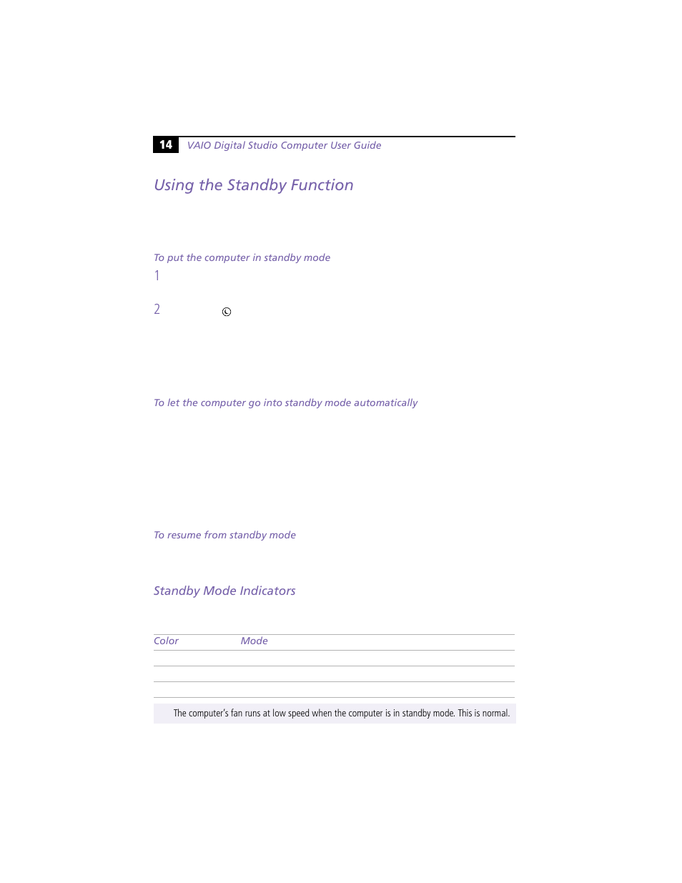Using the standby function, Standby mode indicators | Sony PCV-R538DS User Manual | Page 18 / 44