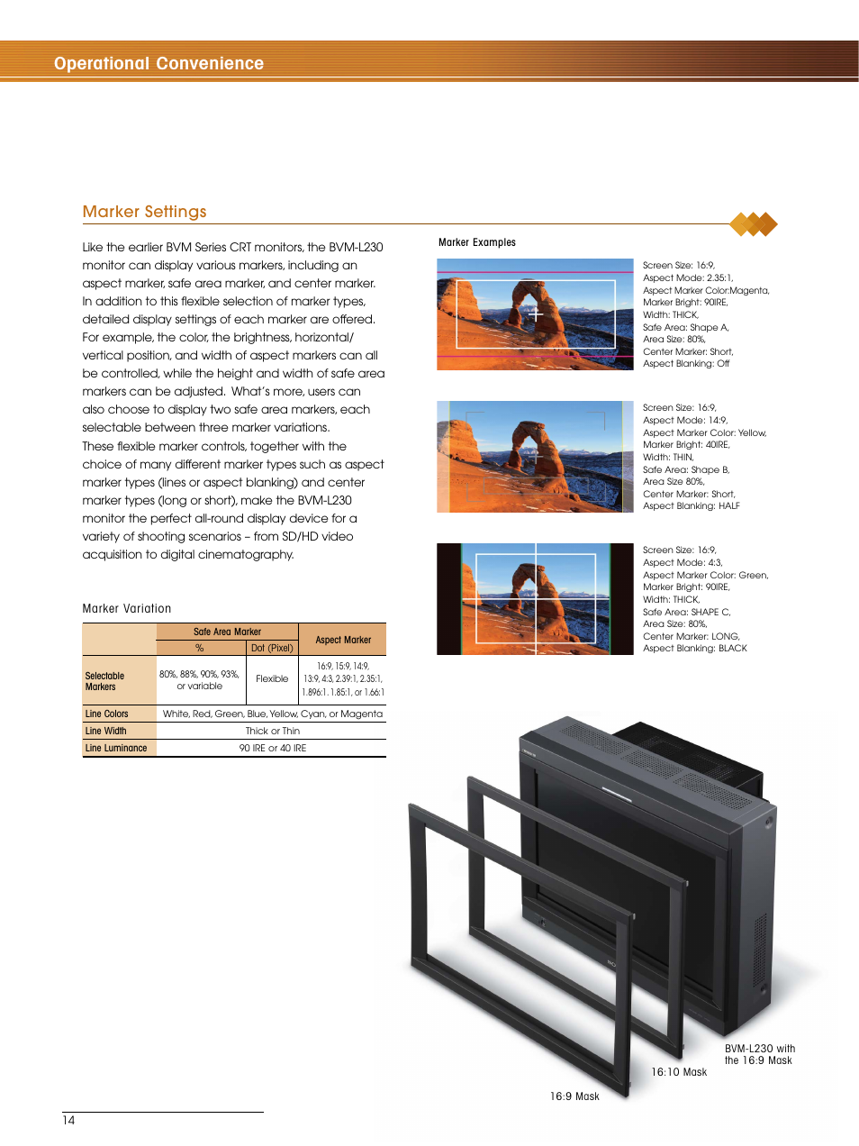 Operational convenience, Marker settings | Sony BVM-L230 User Manual | Page 14 / 20