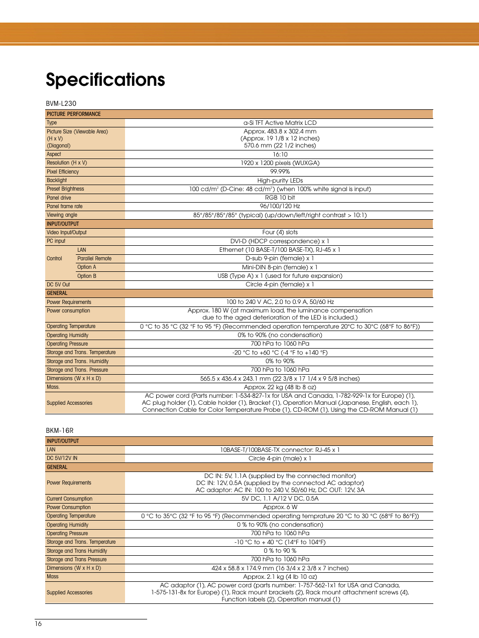 Specifications | Sony BVM-L230 User Manual | Page 16 / 20