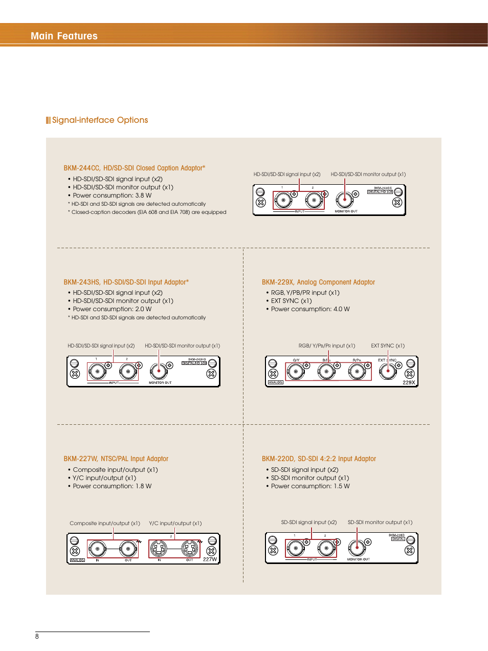 Main features, Signal-interface options | Sony BVM-L230 User Manual | Page 8 / 20