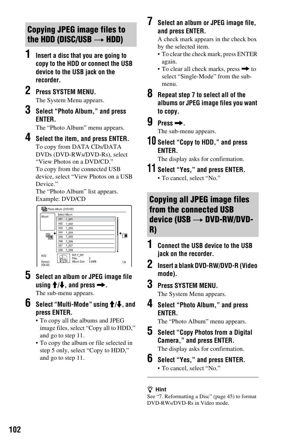 Copying jpeg image files to the hdd (disc/usb, T hdd), T dvd-rw/dvd-r) | Sony AT107 User Manual | Page 102 / 160