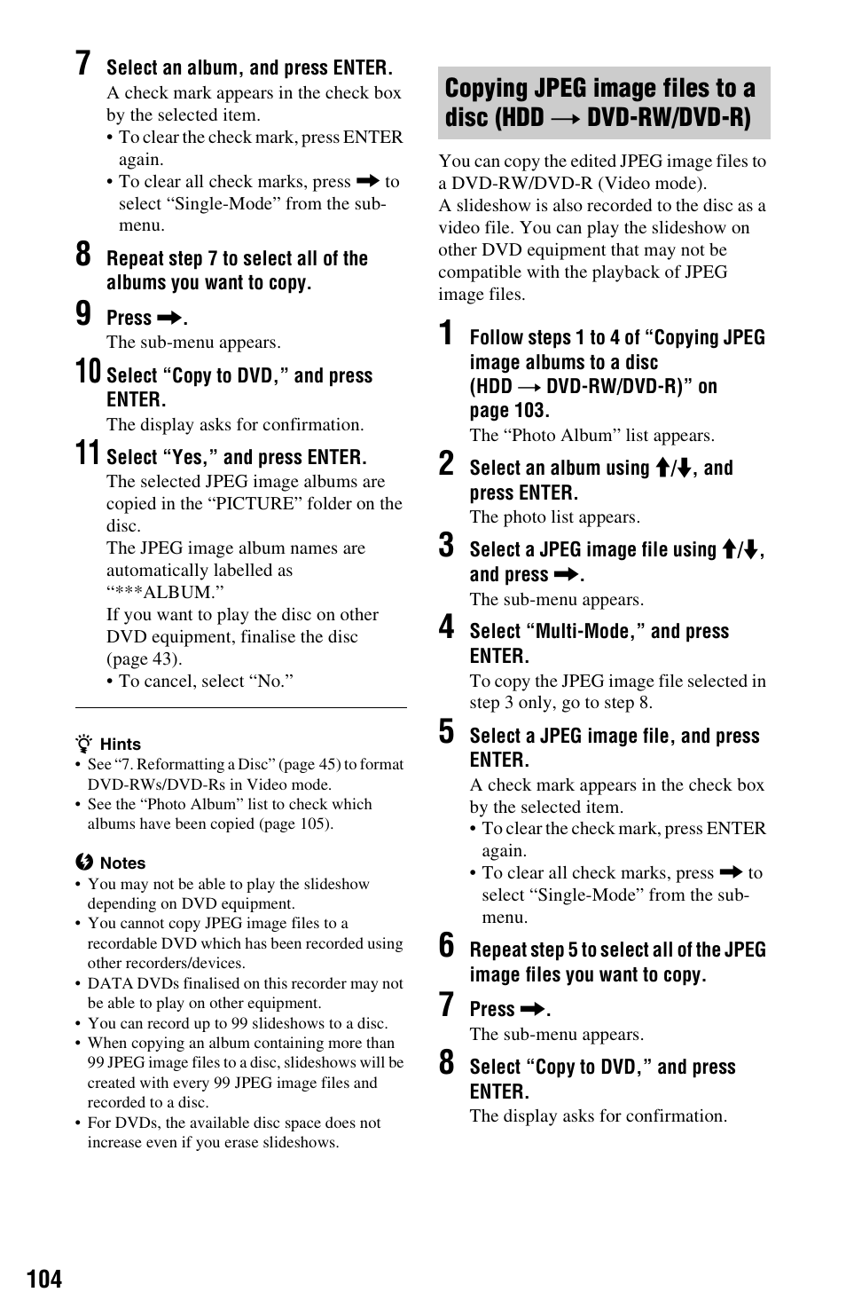 Copying jpeg image files to a disc (hdd, T dvd-rw/dvd-r) | Sony AT107 User Manual | Page 104 / 160