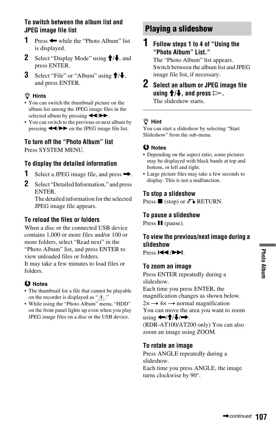 Playing a slideshow | Sony AT107 User Manual | Page 107 / 160