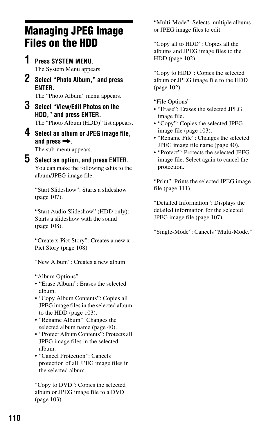 Managing jpeg image files on the hdd, Managing jpeg image files on the hdd 1 | Sony AT107 User Manual | Page 110 / 160