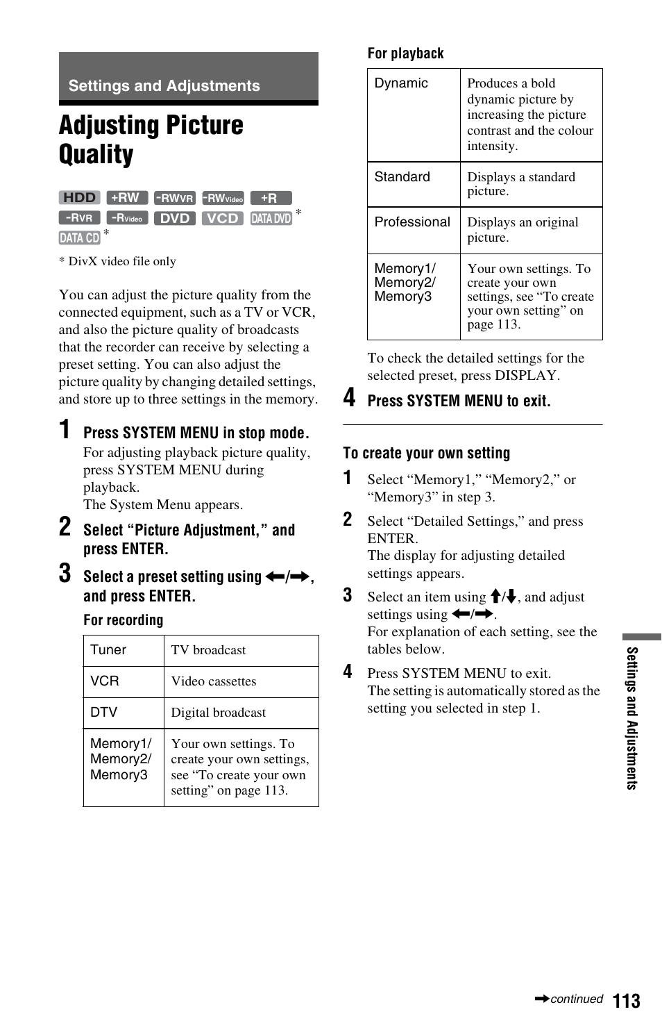 Settings and adjustments, Adjusting picture quality | Sony AT107 User Manual | Page 113 / 160