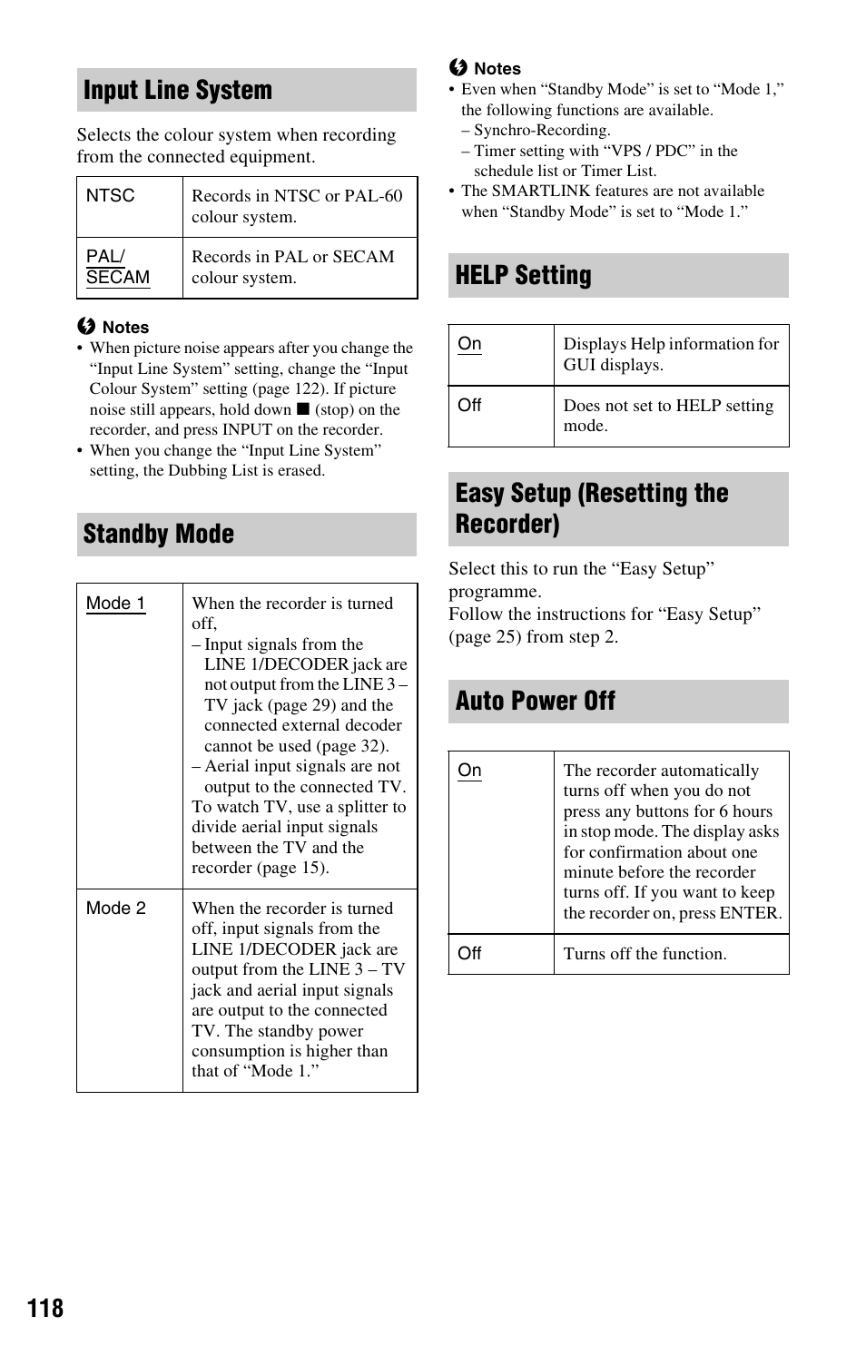 Tor (118, Input line system, Standby mode | Help setting, Easy setup (resetting the recorder) auto power off | Sony AT107 User Manual | Page 118 / 160