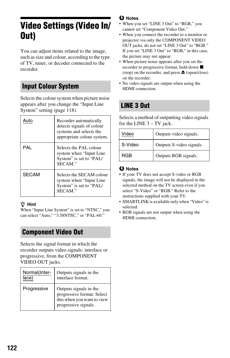 Video settings (video in/out), Component video out, Video settings (video in/ out) | Input colour system, Line 3 out | Sony AT107 User Manual | Page 122 / 160