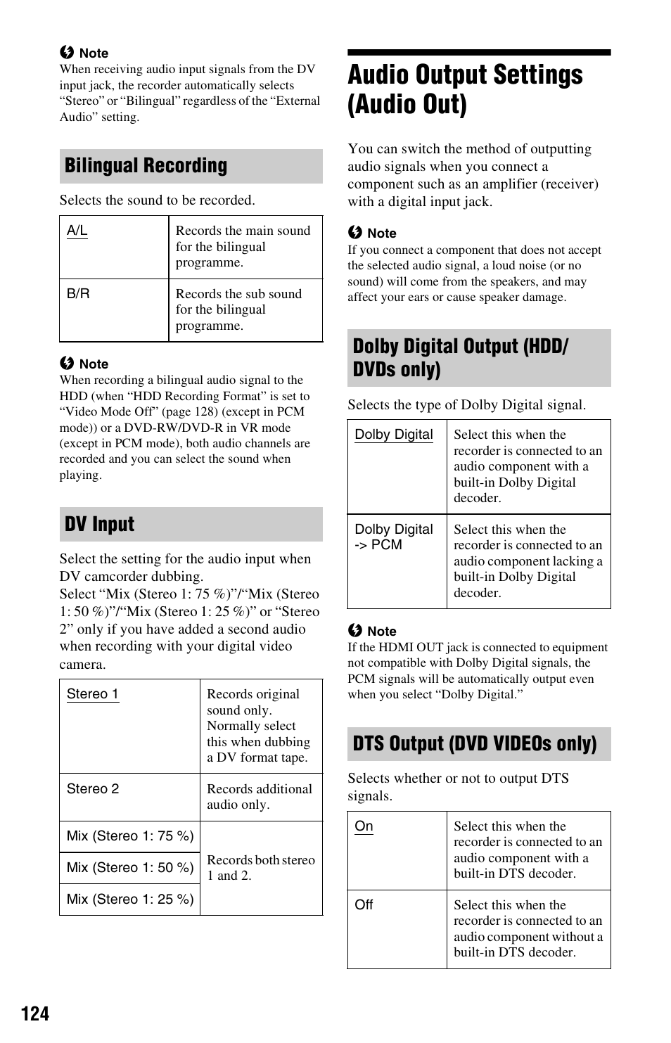 Audio output settings (audio out), Bilingual recording, Dv input | Dolby digital output (hdd/ dvds only), Dts output (dvd videos only) | Sony AT107 User Manual | Page 124 / 160