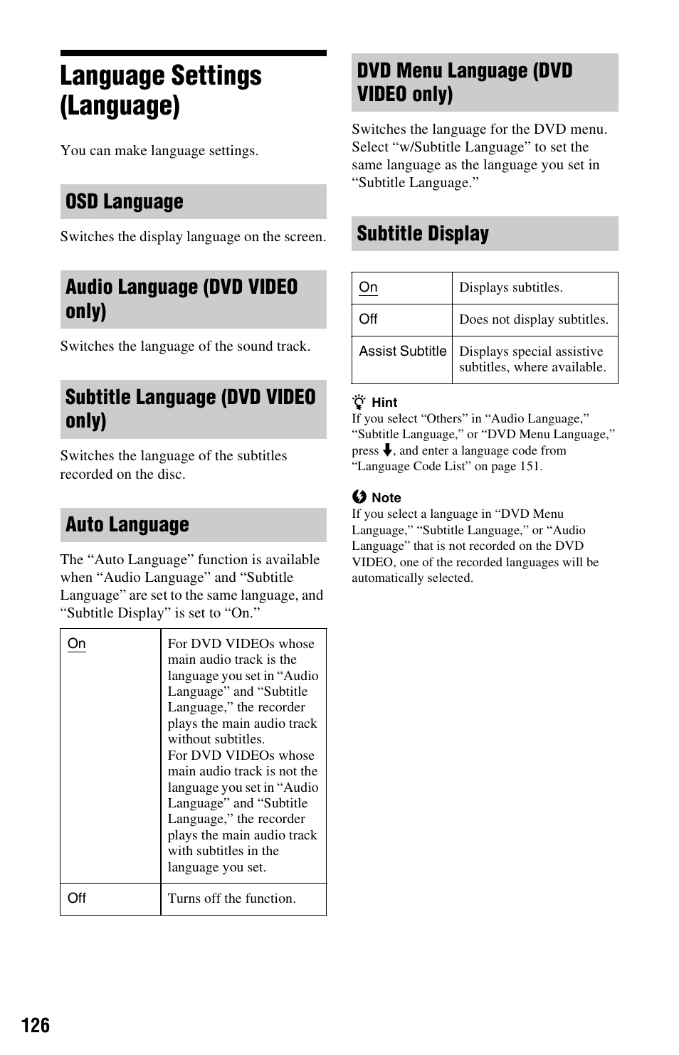 Language settings (language) | Sony AT107 User Manual | Page 126 / 160