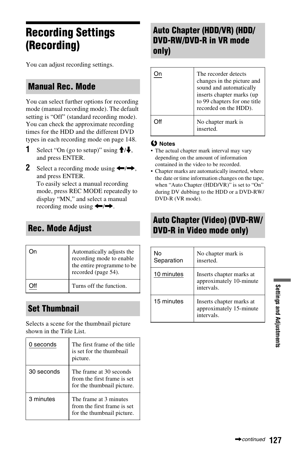 Recording settings (recording), Manual rec. mode rec. mode adjust, Set thumbnail | Sony AT107 User Manual | Page 127 / 160