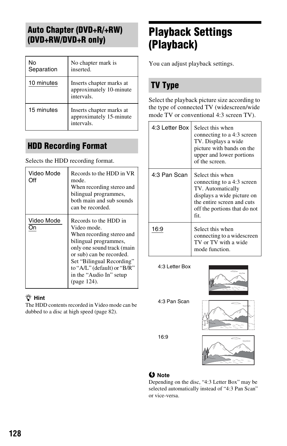 Playback settings (playback), Auto chapter (dvd+r/+rw) (dvd+rw/dvd+r only), Hdd recording format | Tv type | Sony AT107 User Manual | Page 128 / 160
