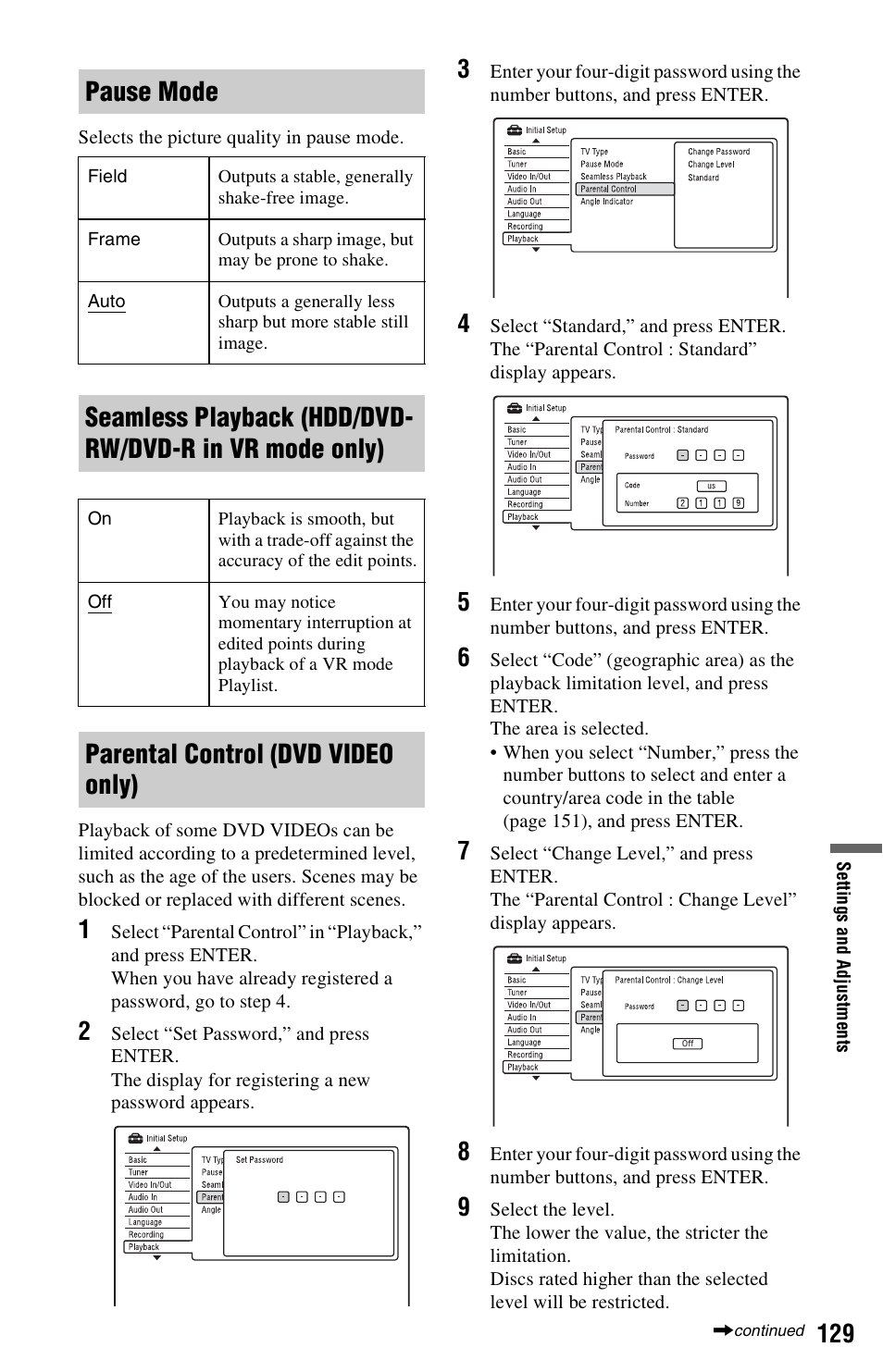 Pause mode, Parental control (dvd video only) | Sony AT107 User Manual | Page 129 / 160