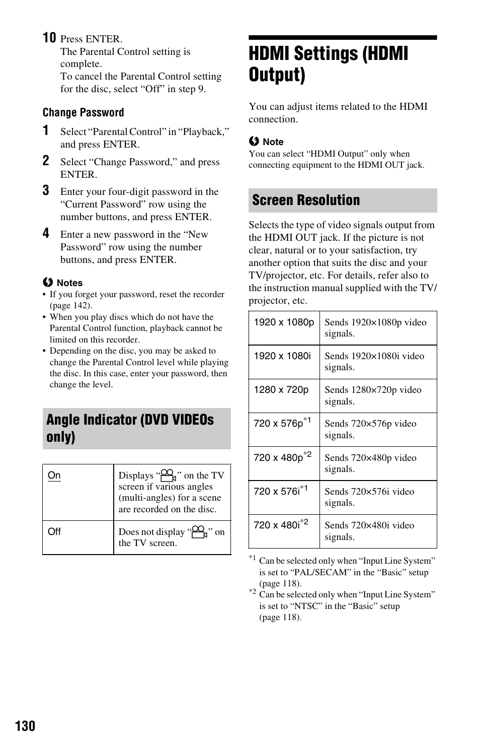 Hdmi settings (hdmi output), Angle indicator (dvd videos only), Screen resolution | Sony AT107 User Manual | Page 130 / 160