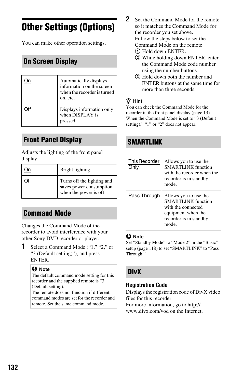 Other settings (options), Tor (132), On screen display | Front panel display, Command mode, Smartlink, Divx | Sony AT107 User Manual | Page 132 / 160