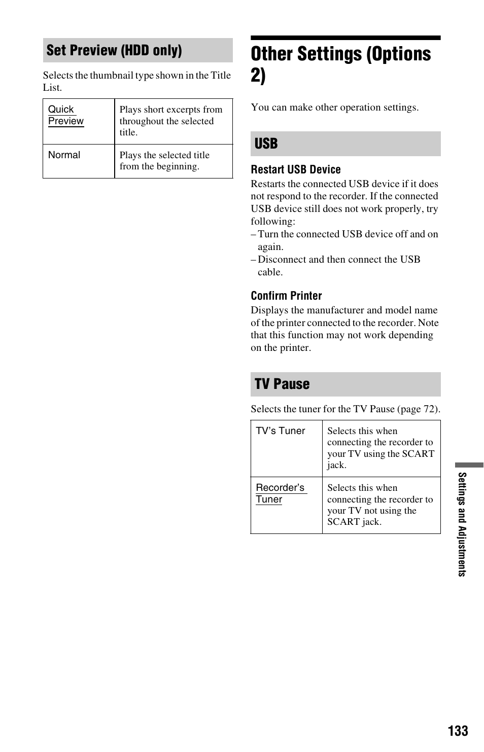 Other settings (options 2), Set preview (hdd only), Usb tv pause | Sony AT107 User Manual | Page 133 / 160