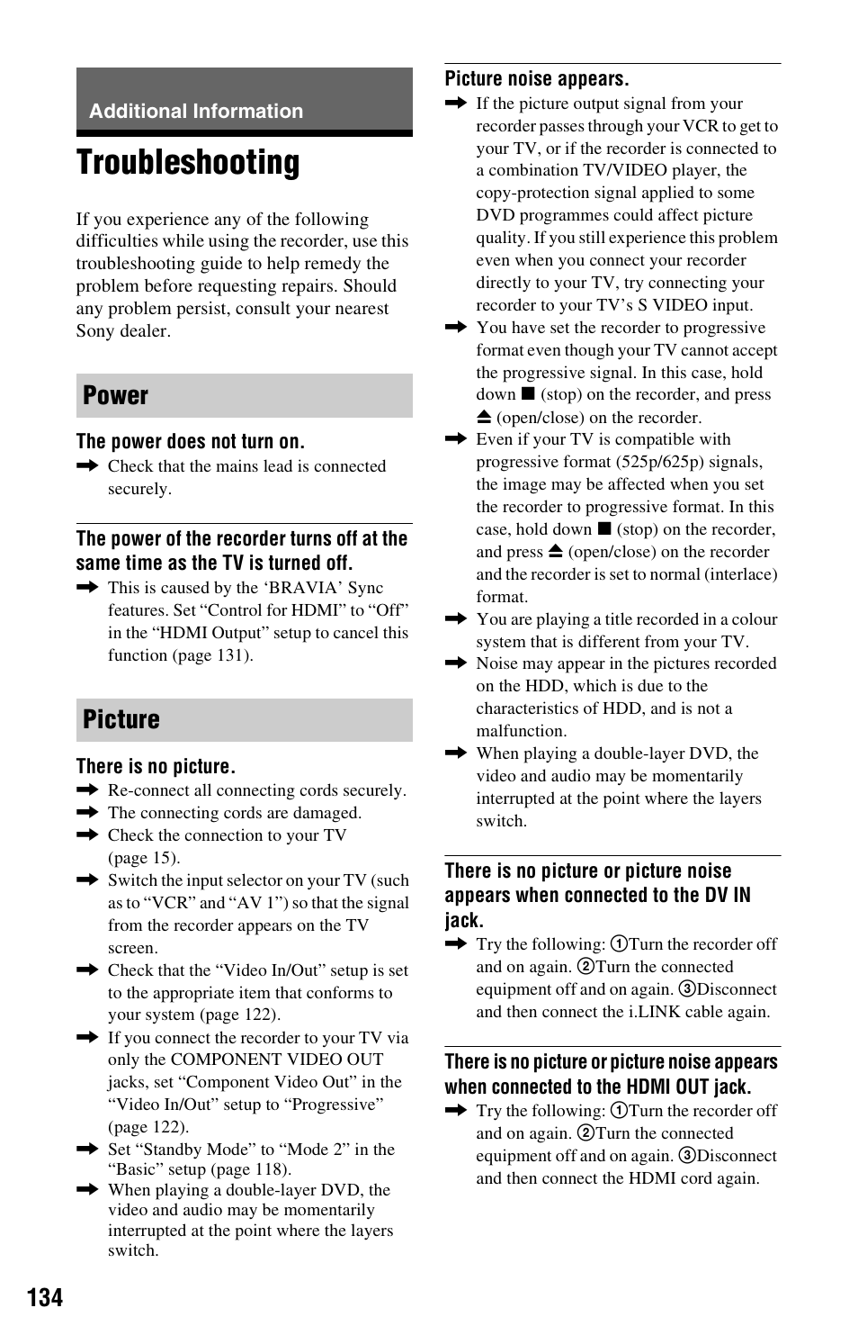 Additional information, Troubleshooting, Power picture | Sony AT107 User Manual | Page 134 / 160