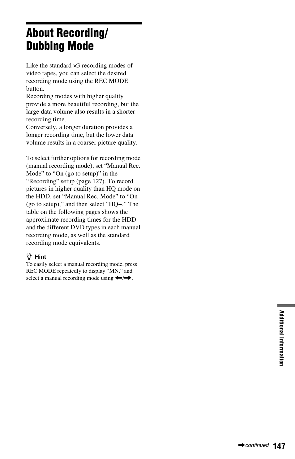 About recording/dubbing mode, About recording/ dubbing mode | Sony AT107 User Manual | Page 147 / 160