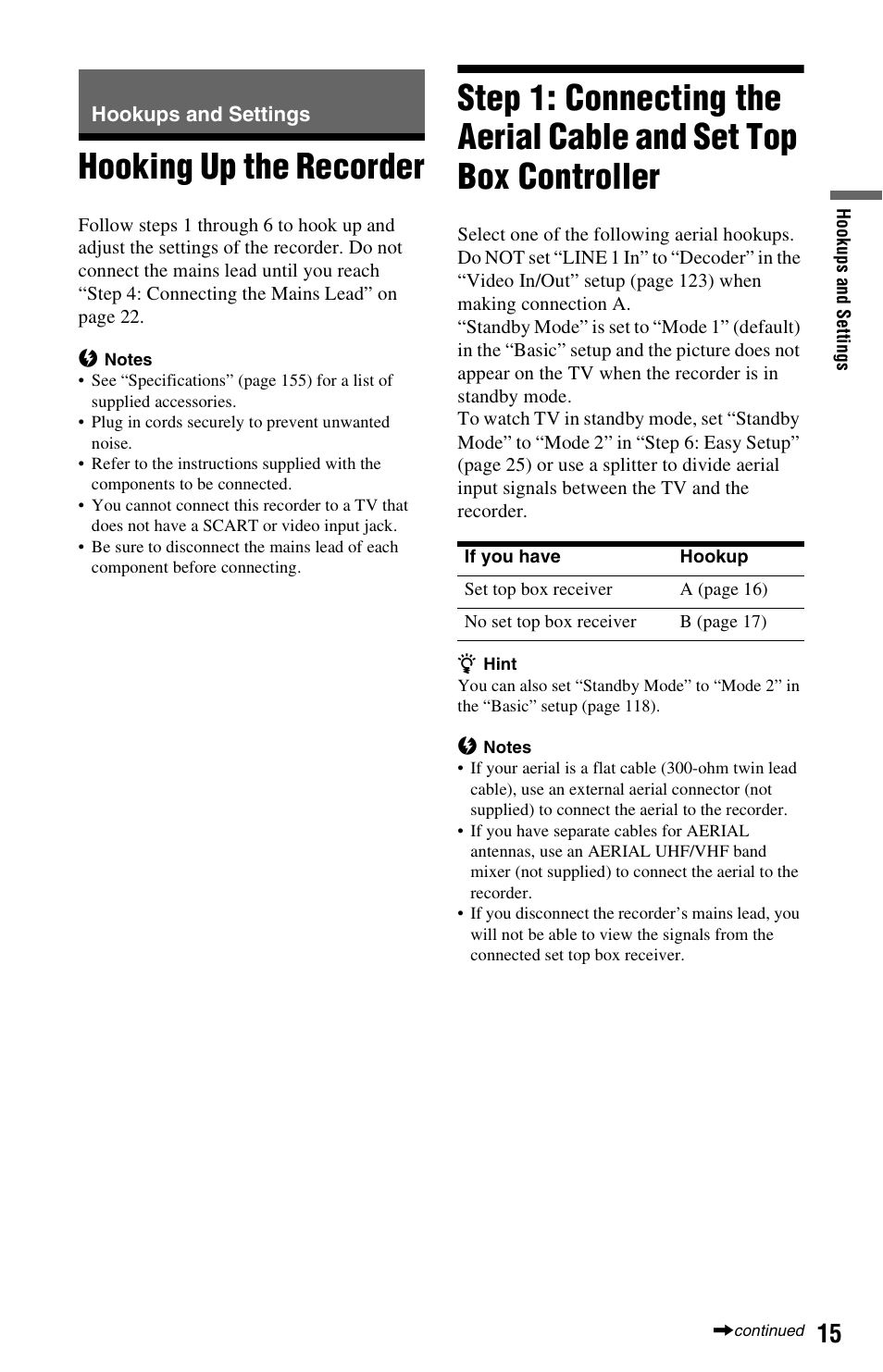 Hookups and settings, Hooking up the recorder | Sony AT107 User Manual | Page 15 / 160