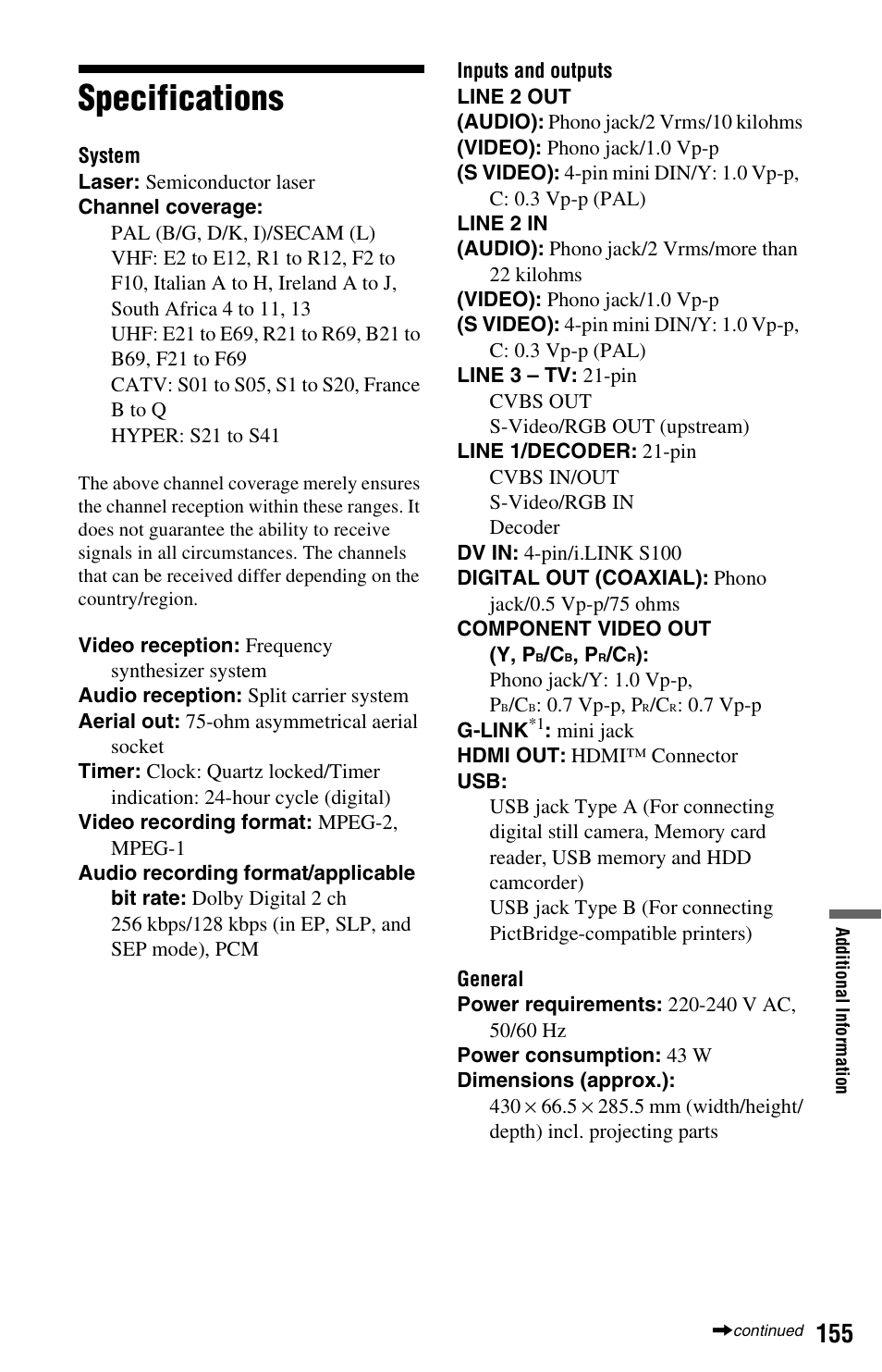 Specifications | Sony AT107 User Manual | Page 155 / 160