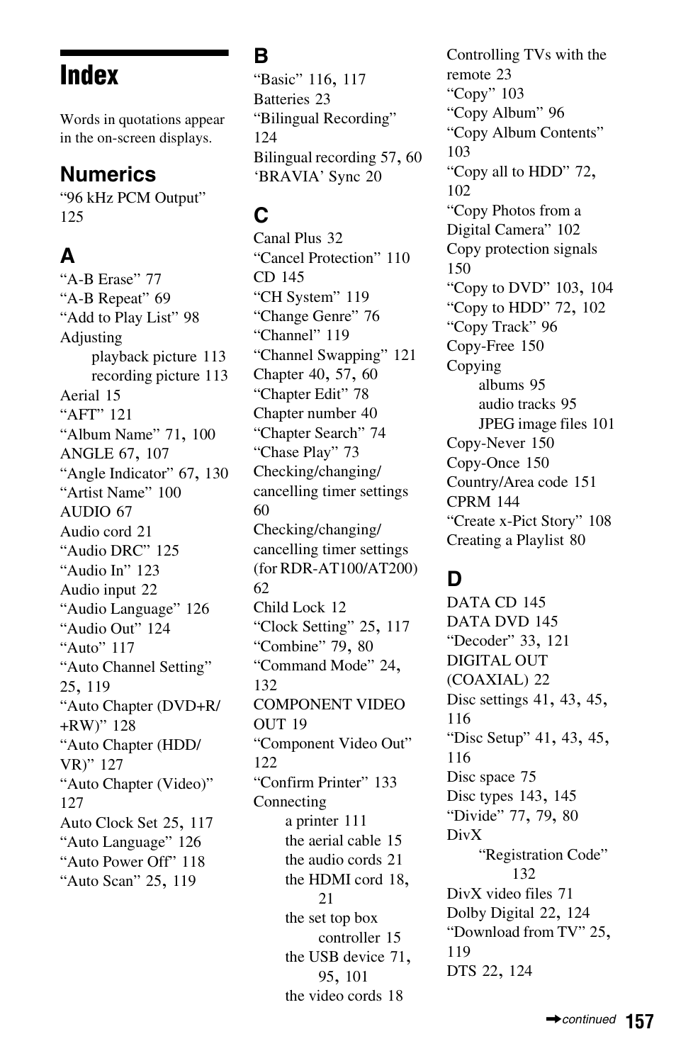 Index, Numerics | Sony AT107 User Manual | Page 157 / 160