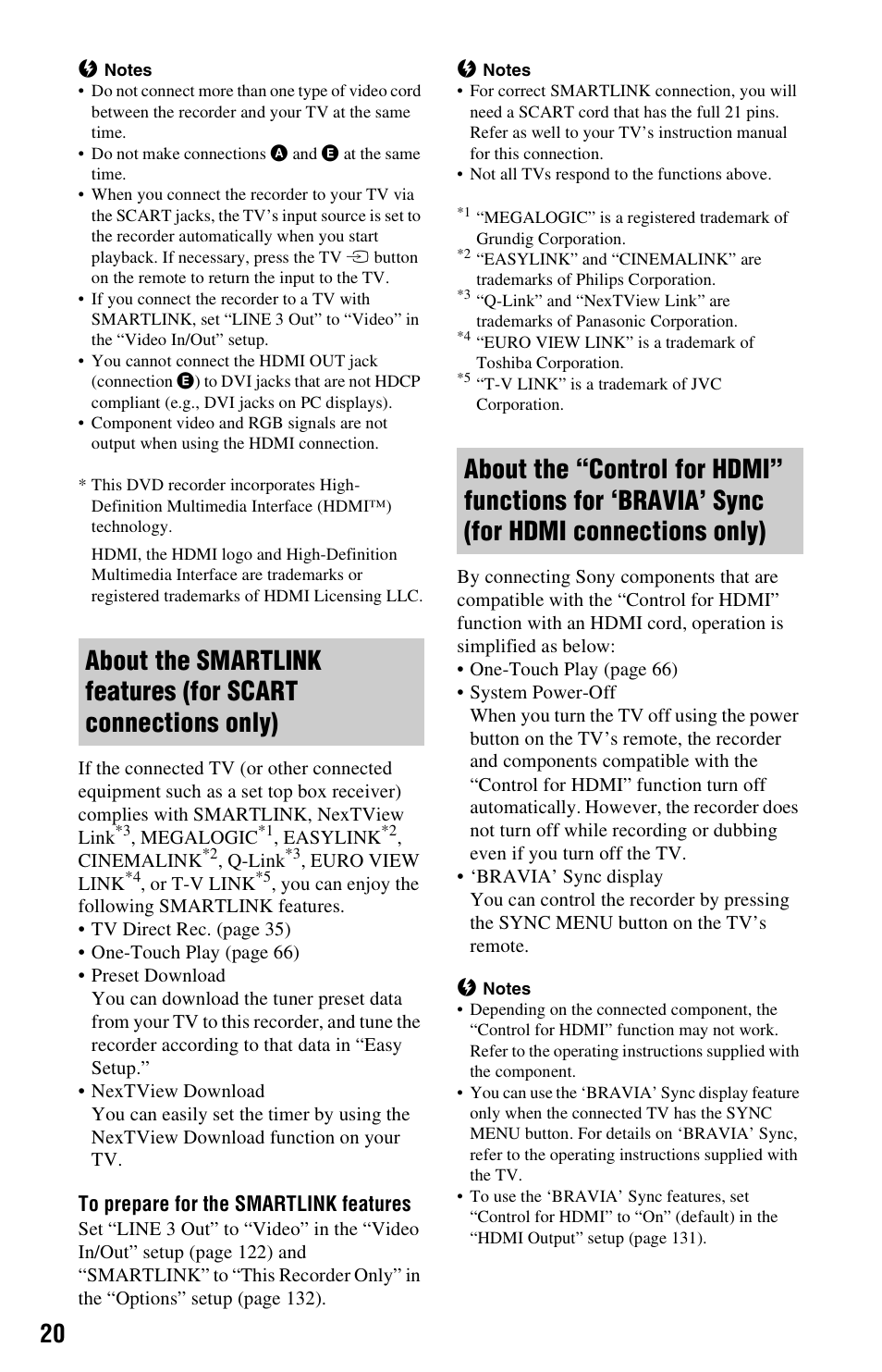 For hdmi connections only) | Sony AT107 User Manual | Page 20 / 160